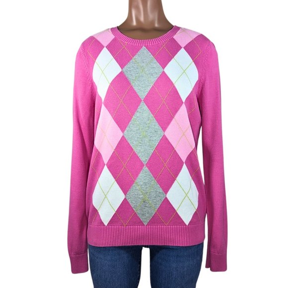 Izod Sweaters - Izod Women's Medium Pink Argyle Crew Neck Cotton Sweater